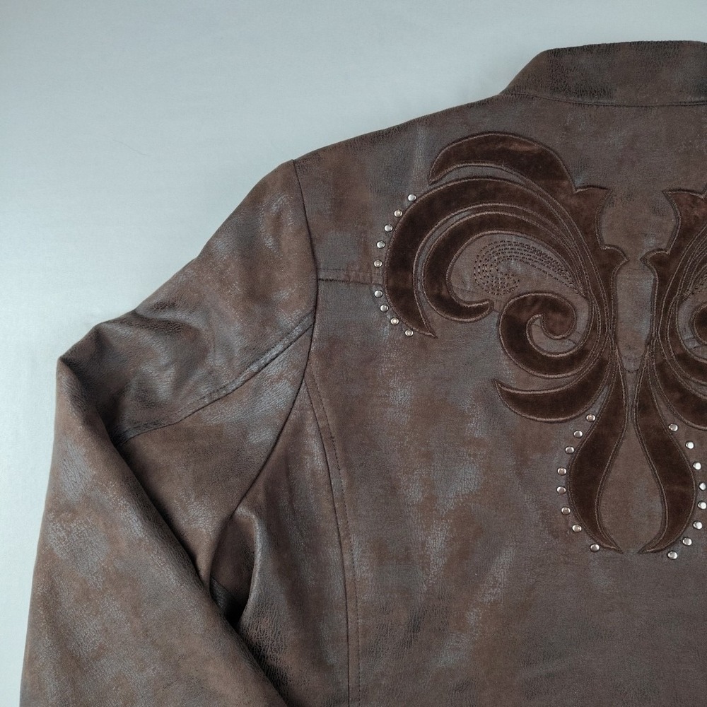 Reba Women's Faux Vegan Leather Jacket Sz L Studded Brown Western Zipper - Picture 13 of 16